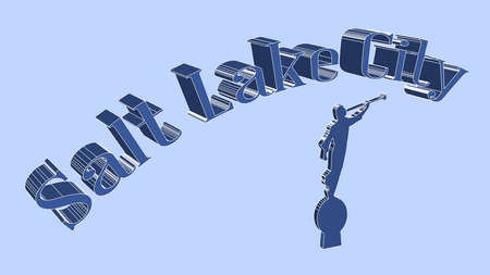 The city of Salt Lake in text with a depiction in silhouette of the angel Moroni