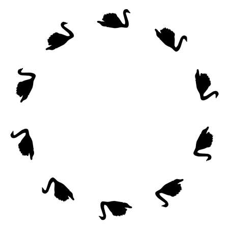 A circle of 10 swan birds in silhouette set over a white backgroundのイラスト素材