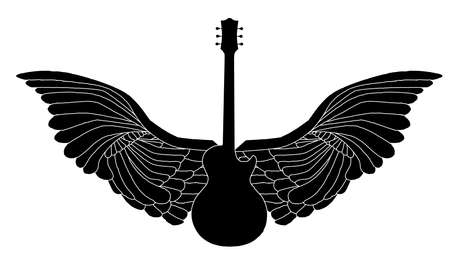 Silhouette of a guitar with raised and spread angel wingsのイラスト素材