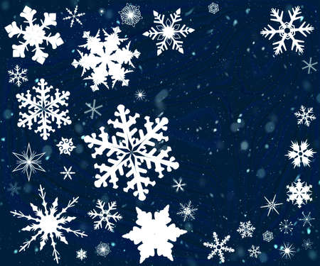 A backdrop of falling snowflakes against a dark blue sky background.の写真素材