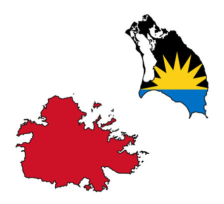 Outline silhouette map of the Caribbean islands of Antigua and Barbuda with national flag isolated on a white backgroundのイラスト素材