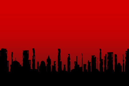 An war torn cityscape silhouette set against a dark red sky.のイラスト素材