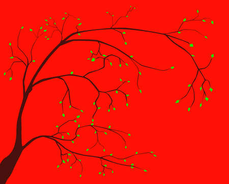 A sparse branch with green leaves set over a red backgroundのイラスト素材