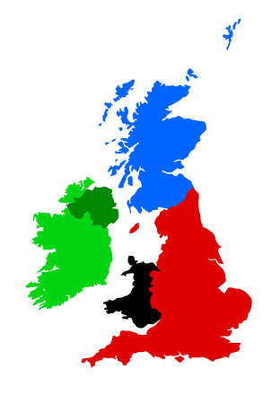 A silhouette of the United Kingdom and Eire over a white background each individual country color codedのイラスト素材