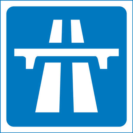 A typical blue and white motorway highway sign over a white background