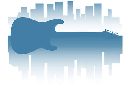 A blue faded cityscape with a solid body electric guitar as a faded backgroundのイラスト素材