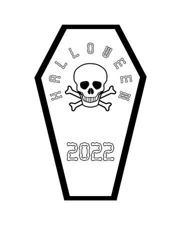 A Halloween 2022 open coffin with textr and a grinning white skull isolated on a white backgroundのイラスト素材