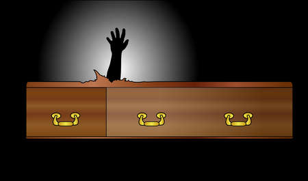 A wooden coffin and brass handles with an escaping hand over a dark backgroundのイラスト素材