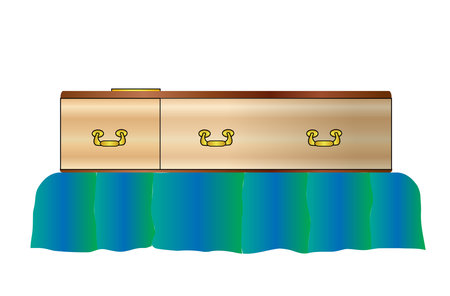 A wooden coffin with a brass handles lying in state isolated on a white backgroundのイラスト素材
