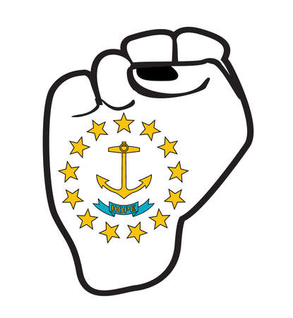 A black outline power fist over the Rhode Island state flag icons isolated on a white backgroundのイラスト素材