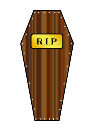 A wooden coffin lid with brass RIP plaque isolated on a white backgroundのイラスト素材