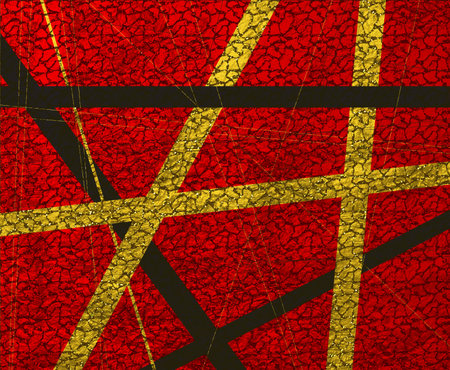 A dark red background with black and yellow criss cross items.の写真素材