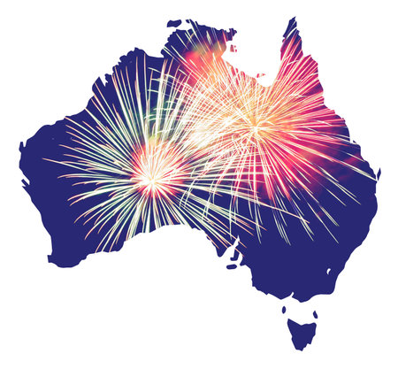 Silhouette map of Australia over a white background with inset skyrocket fireworks explodingの写真素材