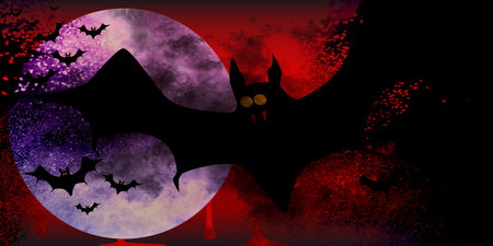 Vampire bats flying in formation across the full moon against a blood run dark sky