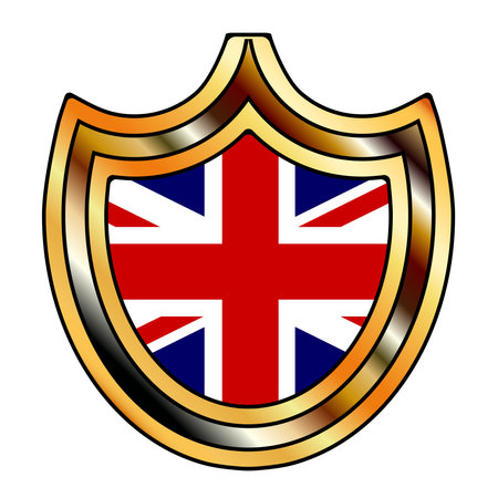 Typical metal shield with inset United Kingdom Union Jack flag on a white backgroundのイラスト素材