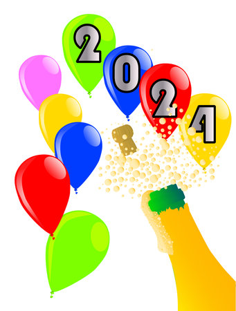 Multi coloured balloons and streamers for a 2024 party image.のイラスト素材