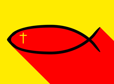 Depiction of the Christian fish symbol in red and yellow with shadowのイラスト素材