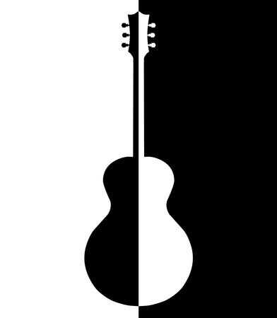 Traditional guitar shape silhouette split down the middle into black and white halvesのイラスト素材