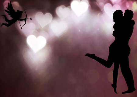 Cupid shooting an arrow at two lovers set on an abstract Valentines day background