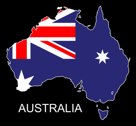 Silhouette map of Australia over a black backgroundinset with the national flag and country nameのイラスト素材