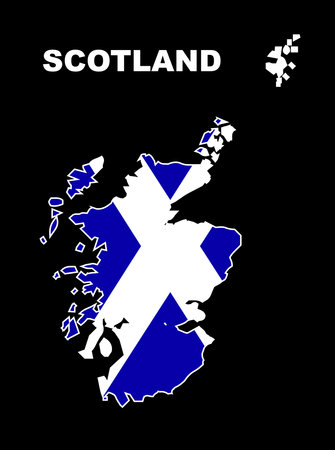 Silhouette silhouette outline map of Scotland part of the United Kingdom with inset flag over a black backgroundのイラスト素材