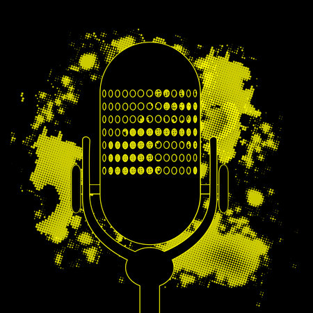 A comic cartoon style microphone yellow and black splash explosion style backgroundのイラスト素材