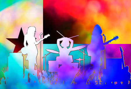 The flag of the USA state of TEXAS as a background to a female band lineup with bright grunge FXの素材