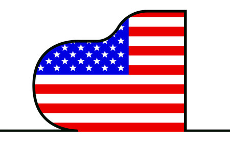 Top view of a grand piano in a black continuous outline set with Old Glory Stars and Stripes USA flagのイラスト素材
