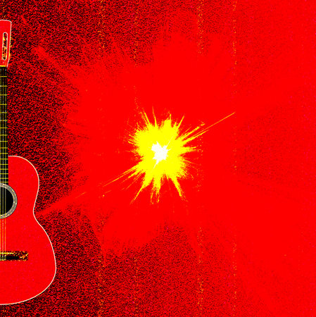Abstract Spanish acoustic guitar set over a dark red backgroundの写真素材