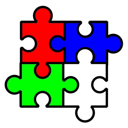 Red Green and Blue coloured jigsaw pieces over a white backgroundのイラスト素材