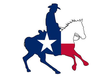 A silhouette of a Texas cowboy on a horse with inset state flagのイラスト素材