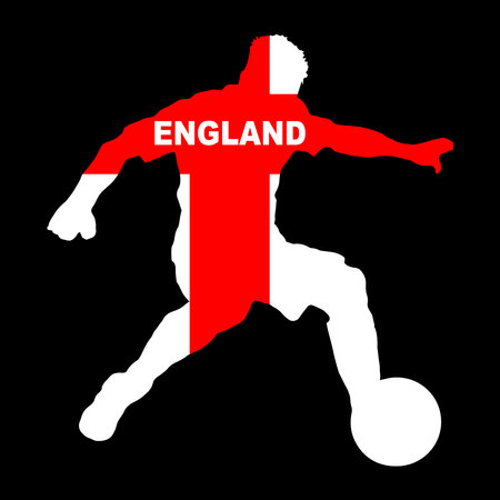 Silhouette of a English footballer with flag of St George the nations flag set in a black backgroundのイラスト素材