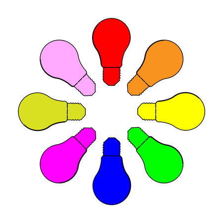 Multi colored cartoon light bulb shapes all set over a white backgroundのイラスト素材
