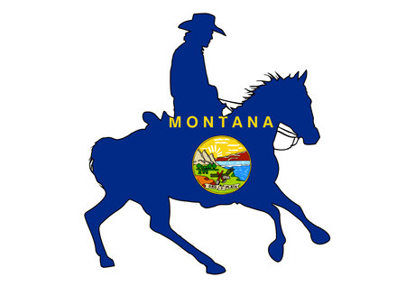 A silhouette of a USA cowboy on a horse with inset Montana State Flag flagのイラスト素材