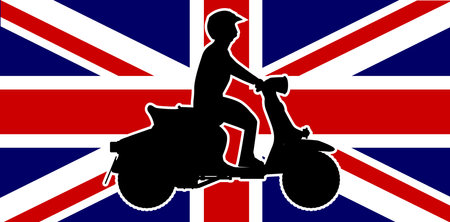 A typical 1960 style motor scooter with silhouette rider over a United Kingdom union flagのイラスト素材