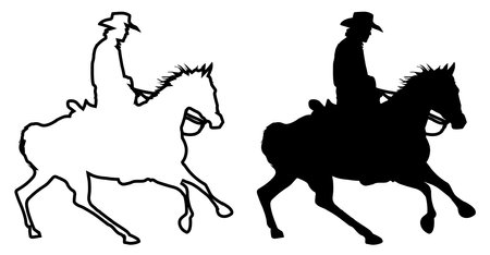 A silhouette and outline of a cowboy on his horse set over a white backgroundのイラスト素材