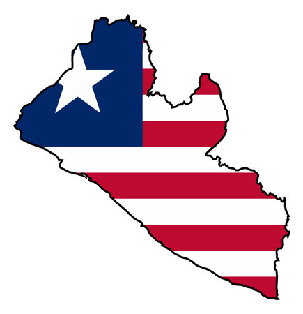 Liberia blackline outline silhouette map over a white background with the national flag insetのイラスト素材
