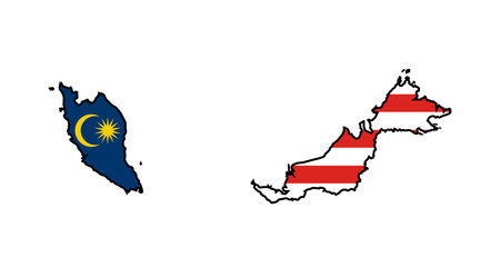 Silhouette outline of Malaysia with the national flag icons inseton a white backgroundのイラスト素材