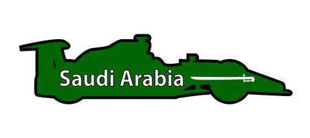 A silhouette of a trpical motor sport racing car on a white background with the text Saudi Arabia and in the colours of the national flag with a flag iconのイラスト素材
