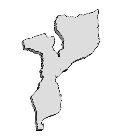 Mozambique 3D black outline silhouette map isolated over a white backgroundのイラスト素材