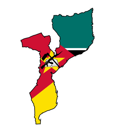 Mozambique black outline silhouette map  with the colors and icon from the national flag isolated over a white backgroundのイラスト素材