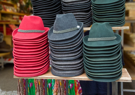 Hats of felt lying on the counterの写真素材