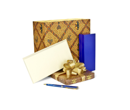 Cases for gifts, envelope and pen isolated on white backgroundの写真素材
