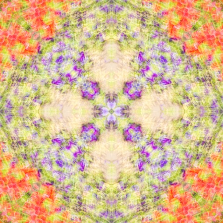 Abstract symmetrical ornamental pattern of red, yellow and purple. Seamless textureの写真素材