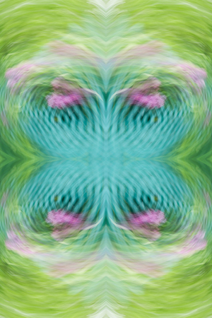 Abstract symmetrical ornamental pattern of green, pink and turquoise with copy-space. Seamless...