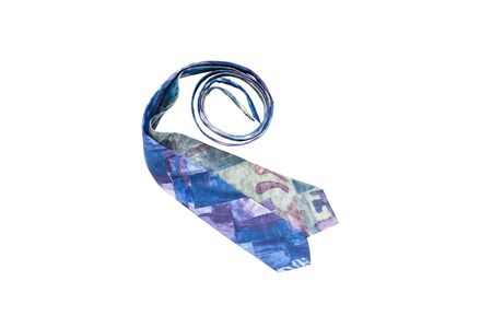 Men's neckties of different colours, twisted in spiral, isolated on white backgroundの写真素材