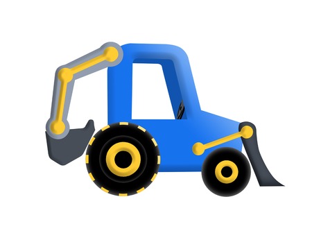 Raster illustration of blue tractor with scoop on white background