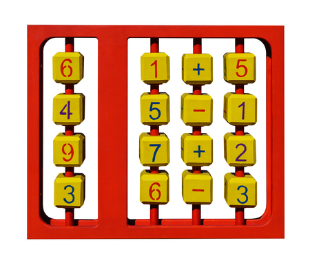 Cubes with numbers and arithmetic signs are in red frame. Isolated on white background