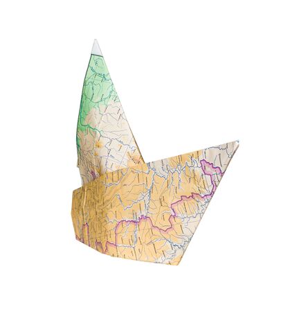 Paper ship made of geographical map is isolated on white backgroundの写真素材