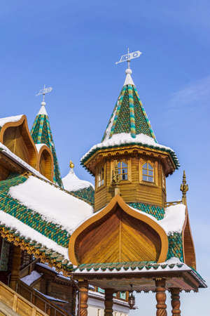 MOSCOW, RUSSIA - FEBRUARY 14, 2018: Kolomenskoye Museum Estate. Porch of wooden Royal Palace. Sunny winter dayのeditorial素材